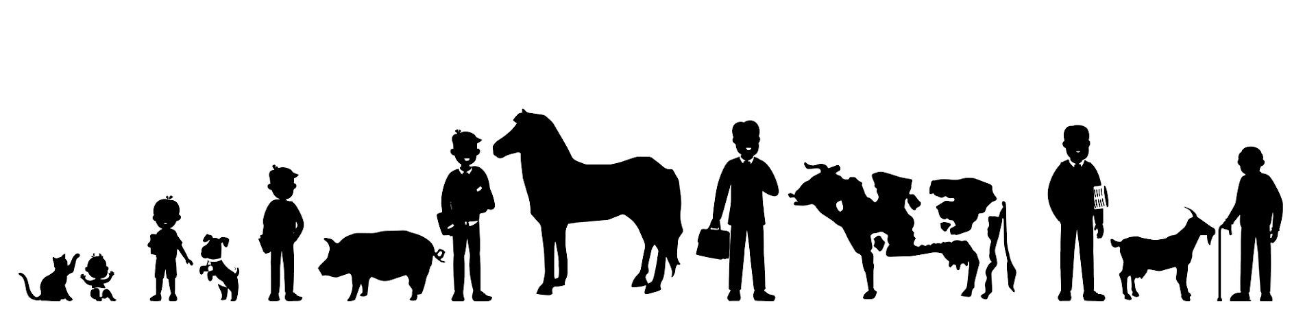 Schattenabbildung verschiedener Menschen und Tiere.