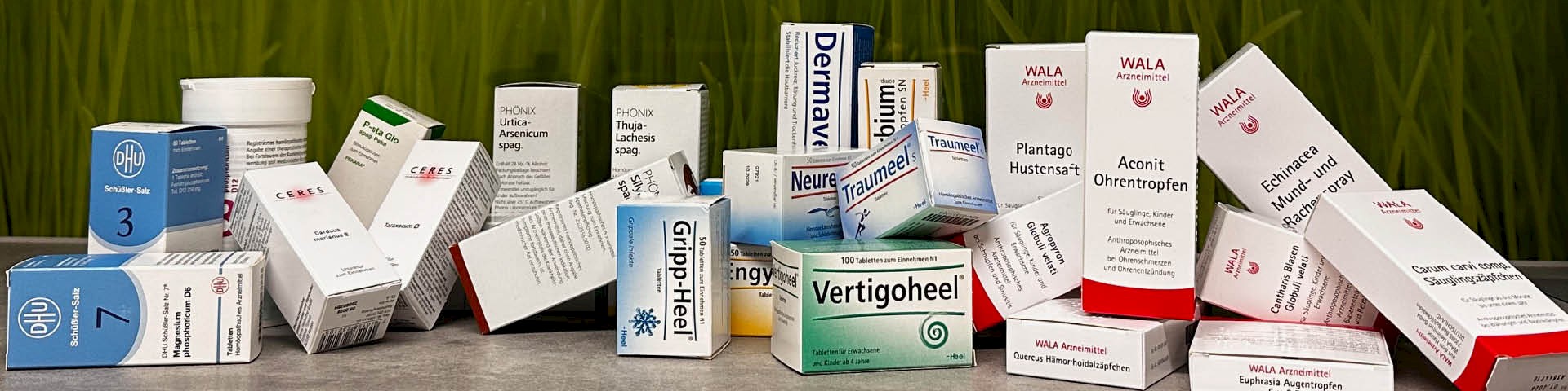 Various homeopathy-related products on one table