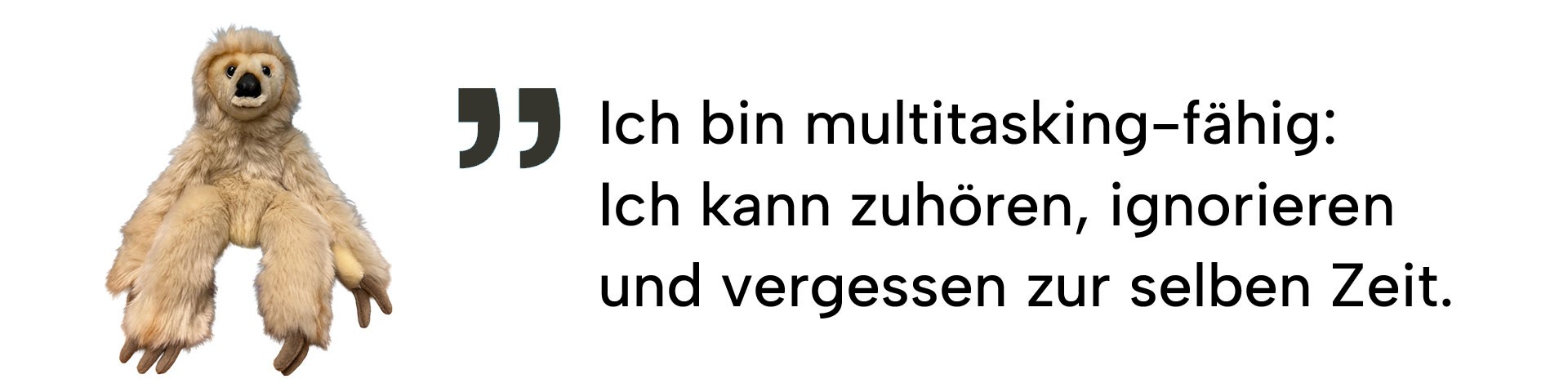 Kuscheltier-Faultier mit Spruch „Ich bin multitasking-fähig: ich kann zuhören, ignorieren und vergessen gleichzeitig.“