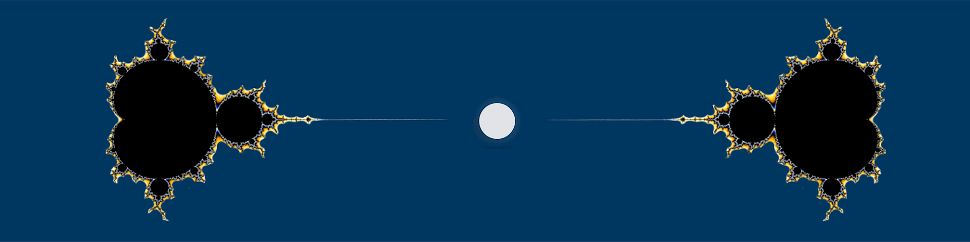 The picture shows symmetrical Mandelbrot sets and a sphere between them.
