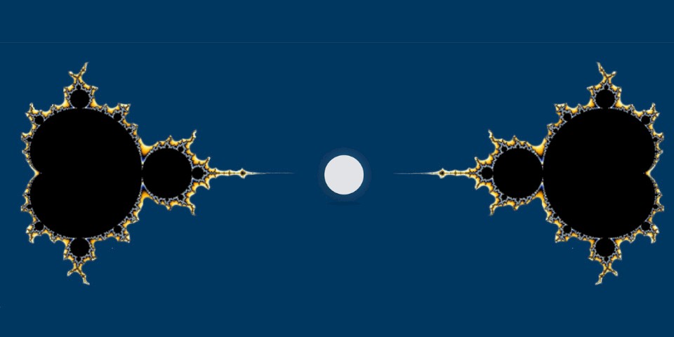 The picture shows symmetrical Mandelbrot sets and a sphere between them.
