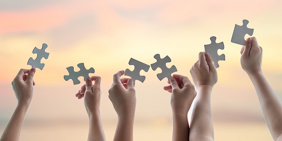 Hands holding puzzle pieces in the air