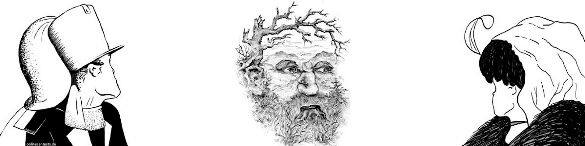 The image shows three classic optical illusions that look different depending on perspective and focus.