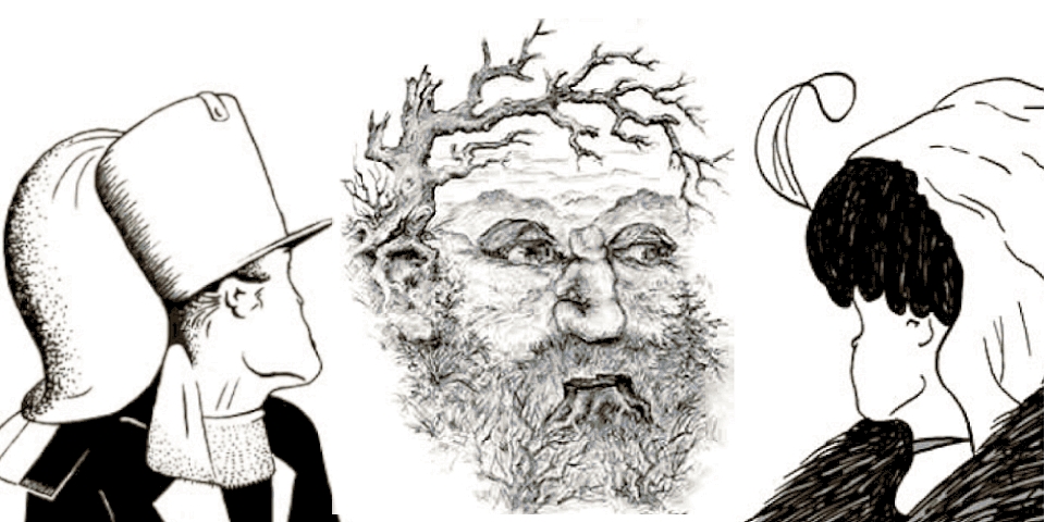 The image shows three classic optical illusions that look different depending on perspective and focus.