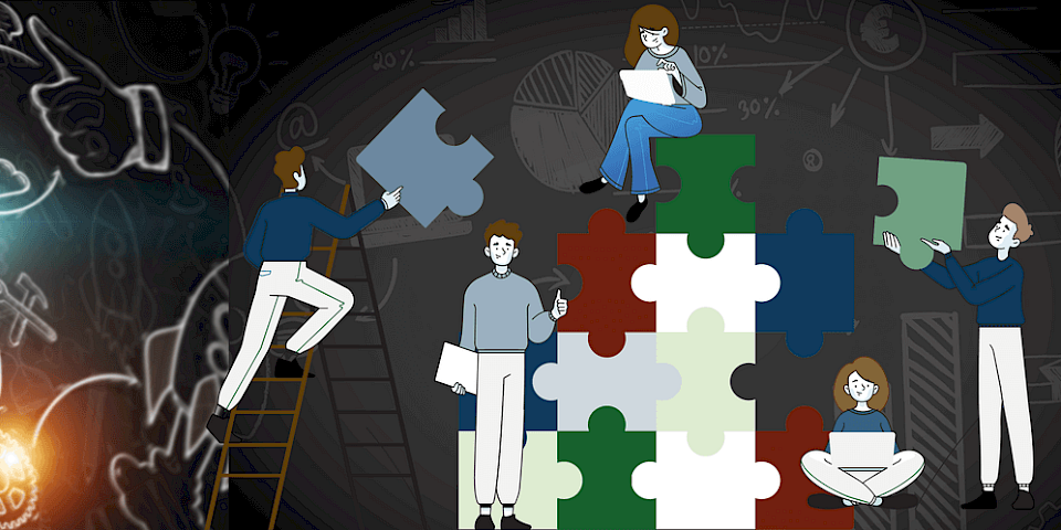 Illustration of the research and methodology process: On the left, a glowing light bulb symbolises the emergence of an idea, followed by schematic representations of several people, documents and cogwheels as symbols of collaboration, planning and quality management. On the right, several people are working together to build a jigsaw puzzle as a symbol of the implementation and integration of scientific findings.