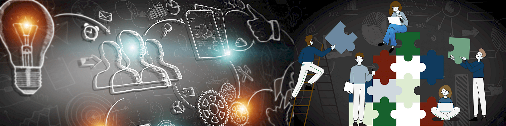Illustration of the research and methodology process: On the left, a glowing light bulb symbolises the emergence of an idea, followed by schematic representations of several people, documents and cogwheels as symbols of collaboration, planning and quality management. On the right, several people are working together to build a jigsaw puzzle as a symbol of the implementation and integration of scientific findings.