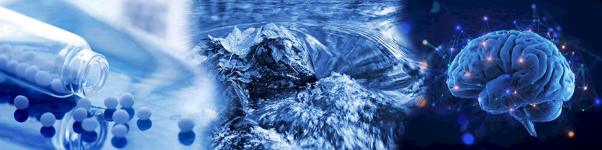 Collage with a small bottle of globules on the left, a whirlpool of leaves and water in the centre, and a brain with points of light forming a network on the right.