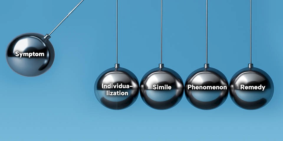 Newton's cradle (spherical pendulum) with five balls in motion, labelled ‘Symptom’, ‘Individualisation’, ‘Simile’, “Phenomenon” and ‘Remedy’, symbolising the premises of homeopathy.
