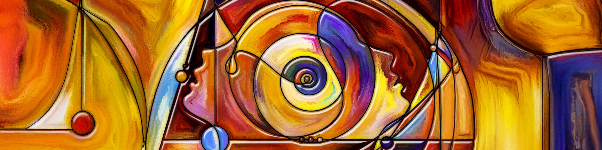 Abstract illustration featuring two human profiles composed of stained glass lines, united in a spiral of consciousness, gazing in different directions, with an ear and globulus on the left – symbolising the discourse on homeopathy and consciousness.