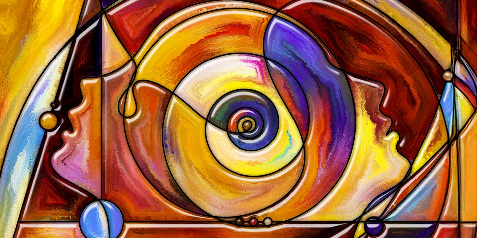 Abstract illustration featuring two human profiles composed of stained glass lines, united in a spiral of consciousness, gazing in different directions, with an ear and globulus on the left – symbolising the discourse on homeopathy and consciousness.