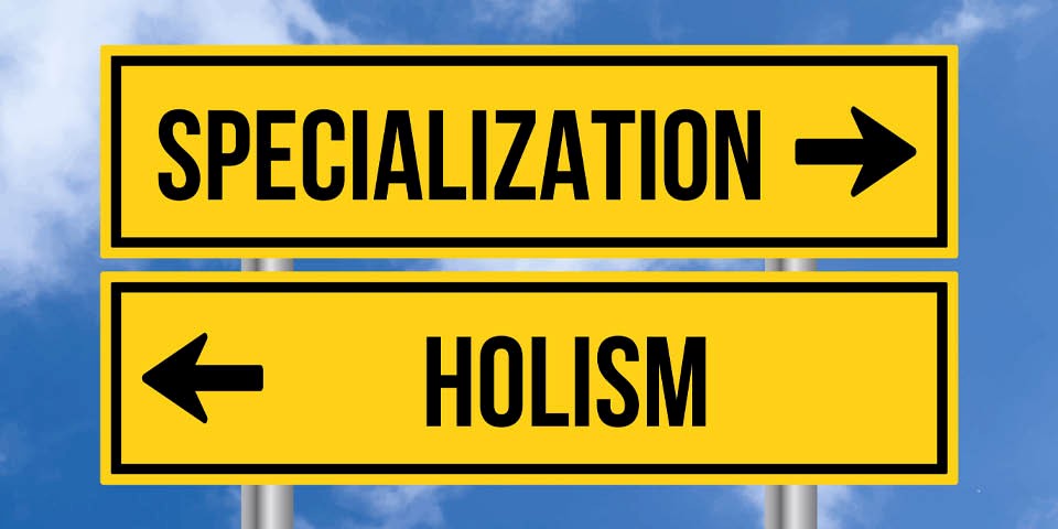 blauer Himmel mit weißen Wolken, davor zwei gelbe Straßenschilder: eines mit „Specialization“, eines mit „Holism“, die nach rechts und links zeigen.