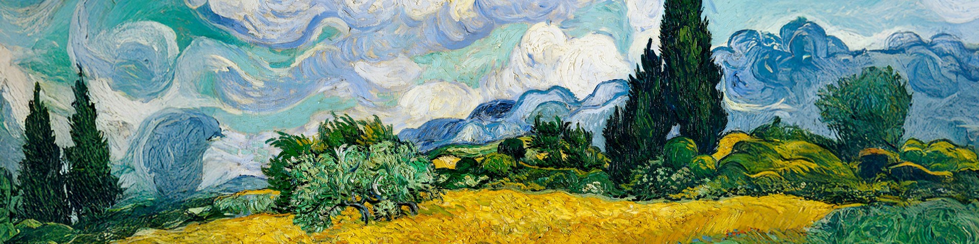 Vincent Van Gogh's Wheat Field with Cypresses (1889). Painted landscape with golden yellow field, cypresses and bushes, impressionistic lively sky. Under blue sky.