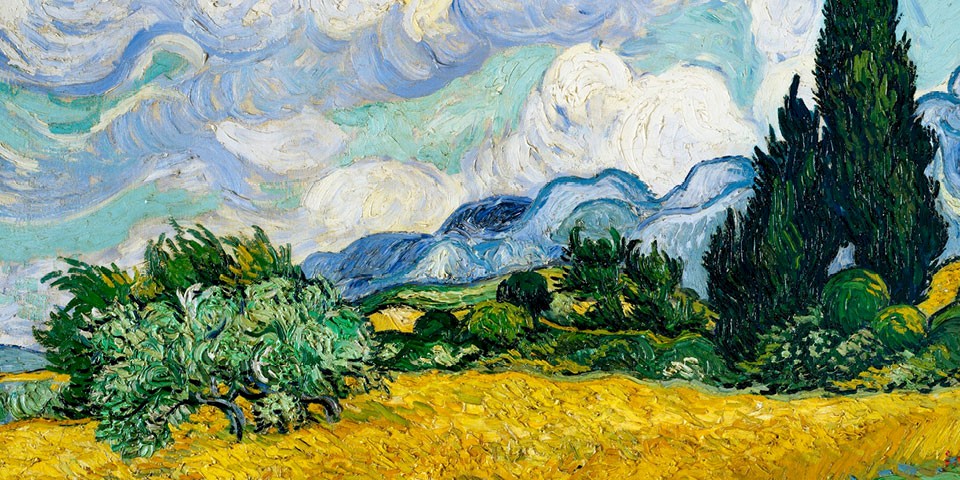 Vincent Van Gogh's Wheat Field with Cypresses (1889). Painted landscape with golden yellow field, cypresses and bushes, impressionistic lively sky. Under blue sky.