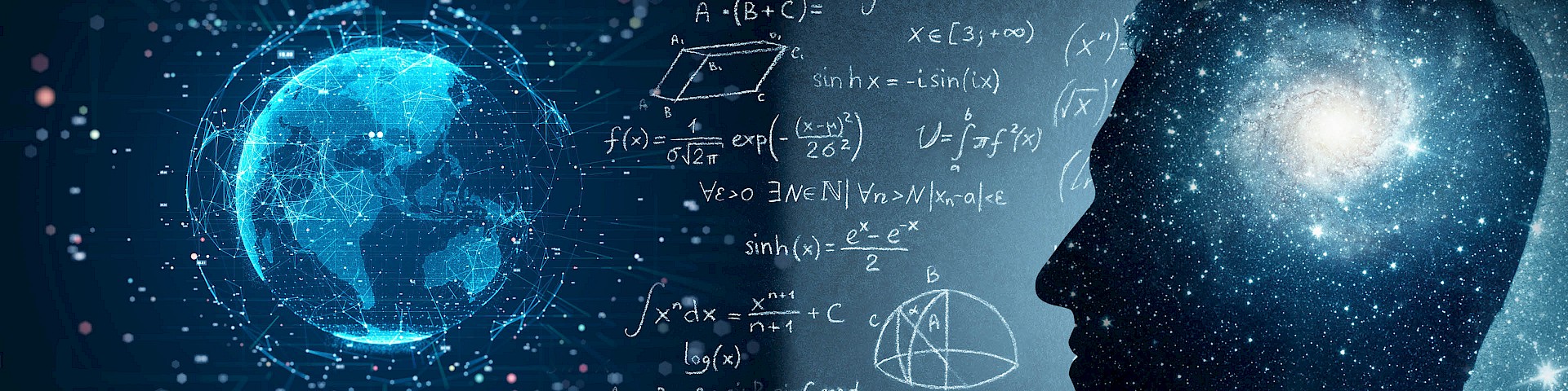 Head of a researcher, a galaxy in his head, who views the world with mathematical systematicity. On the left, the Earth with satellites; reflection shows a virtual image of the researcher.
