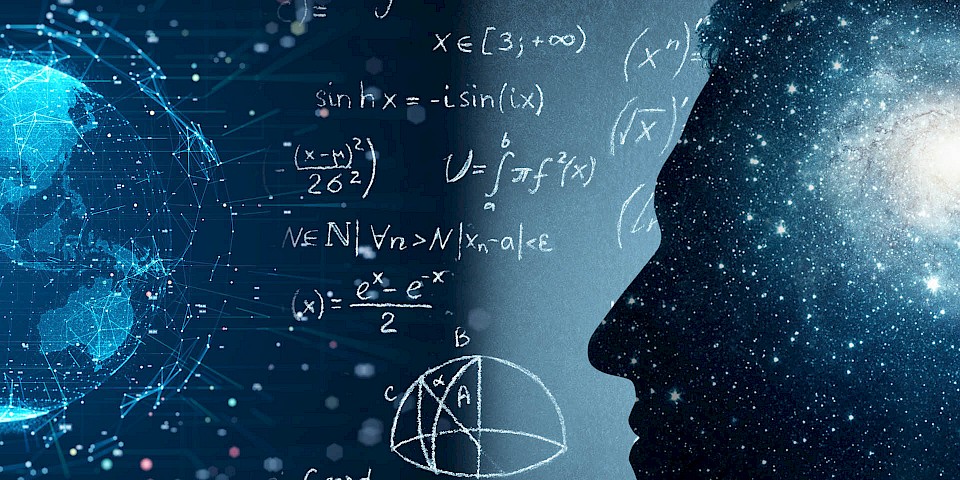 Head of a researcher, a galaxy in his head, who views the world with mathematical systematicity. On the left, the Earth with satellites; reflection shows a virtual image of the researcher.