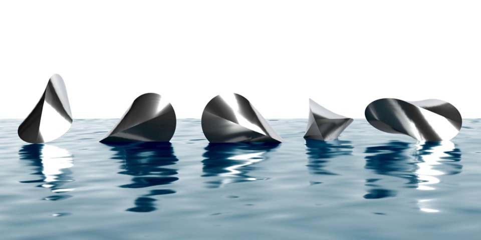 Five oloids, showing the body from different perspectives, lying down and reflected on water, symbolise the phenomenological basis from Husserl to Schmitz as a prerequisite for holistic, interdisciplinary understanding.