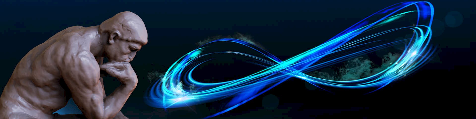 Collage with Auguste Rodin's statue ‘The Thinker’ on the left and a blue glowing infinity loop on the right.