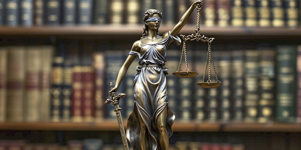 Lady Justice statue holding scales of justice, symbolizing legal integrity and fairness, with background shelves of antique books in a library.