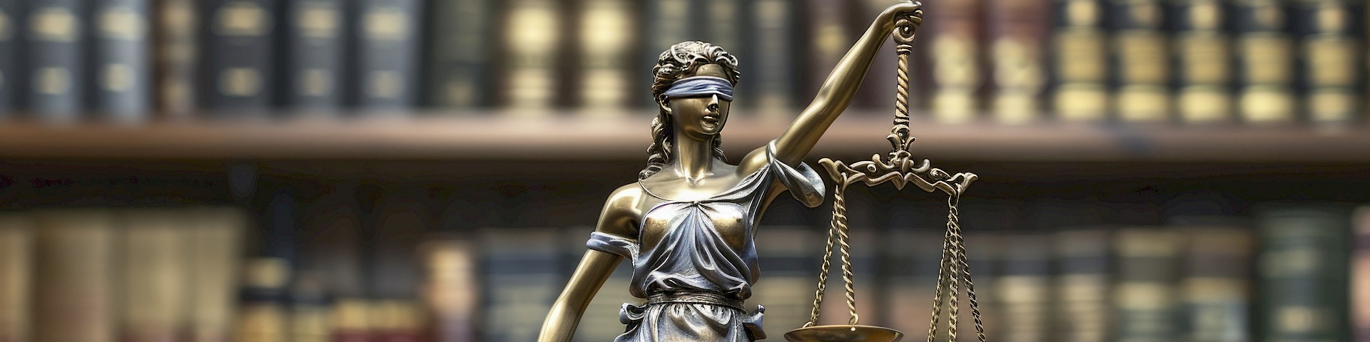 Lady Justice statue holding scales of justice, symbolizing legal integrity and fairness, with background shelves of antique books in a library.