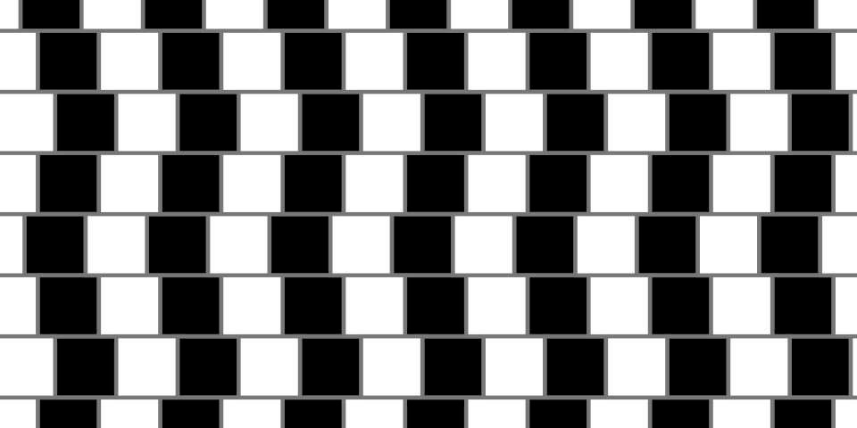 Café-Wand-Illusion, auch Kaffeehaustäuschung genannt: visuelle Wahrnehmungstäuschung, bei der Rechtecke trapezförmig erscheinen, wenn sie, abwechselnd dunkel und hell, parallele Reihen bilden und diese gegeneinander verschoben und durch graue Linien getrennt sind. Die horizontalen Linien verlaufen parallel, auch wenn es nicht so aussieht.