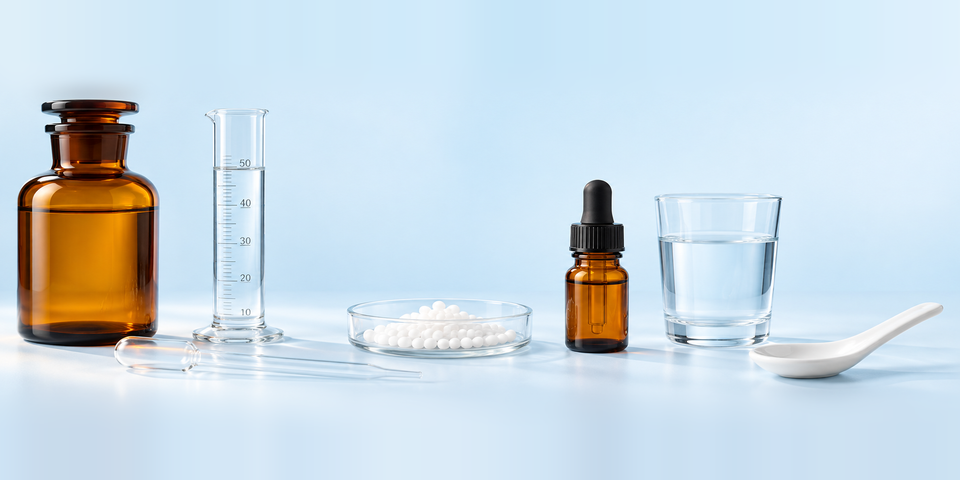 Braune Apothekerflasche, Messzylinder, Glaspipette, Petrischale mit weißen Kügelchen, braune Tropfflasche, Wasserglas und weißer Porzellanlöffel vor hellblauem Hintergrund.