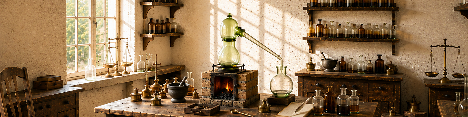 Historic alchemy laboratory with a green-glass distillation apparatus over a hearth, surrounded by labeled brown glass bottles, scales and mortars — illustration for a project on the historical production of Causticum.
