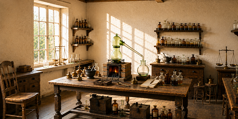Historic alchemy laboratory with a green-glass distillation apparatus over a hearth, surrounded by labeled brown glass bottles, scales and mortars — illustration for a project on the historical production of Causticum.