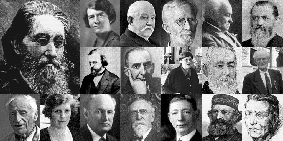 Collage of many faces of important homeopaths from the 18th to 20th century