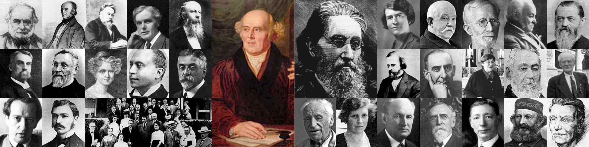 Collage of many faces of important homeopaths from the 18th to 20th century